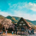 白川郷・和田家周辺を桜のもと歩く観光客と背後の山並み。持続可能な観光（サステナブルツーリズム）のイメージ