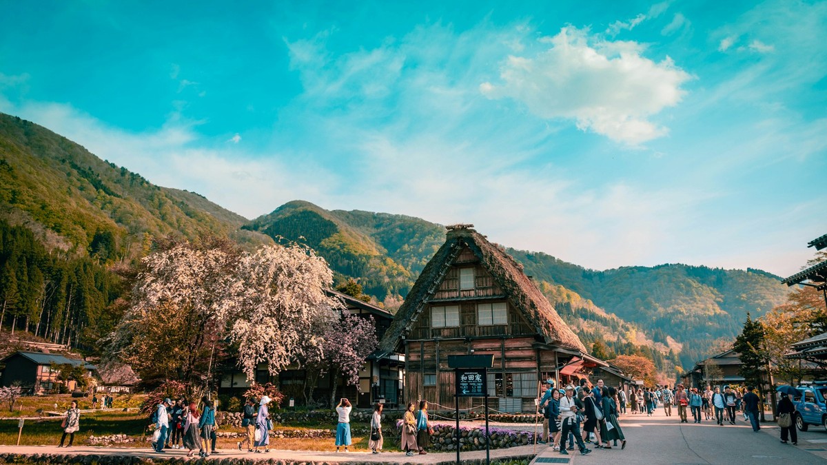 白川郷・和田家周辺を桜のもと歩く観光客と背後の山並み。持続可能な観光（サステナブルツーリズム）のイメージ