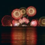 夜の湖上に打ち上がる大輪の花火と水面に映る光
