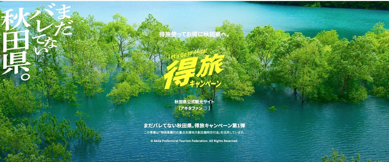 得旅キャンペーン第1弾の特設サイトのトップ画面。新緑の湖畔にキャンペーンのロゴが重なる
