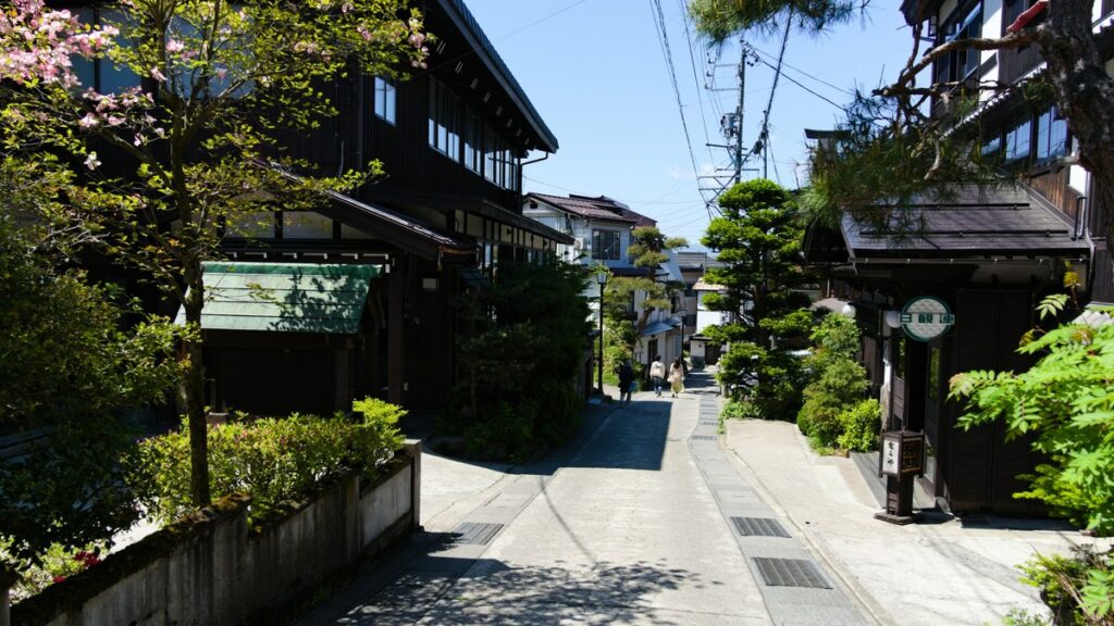 新緑の温泉街の通りを歩く旅行者（長野県野沢温泉村）