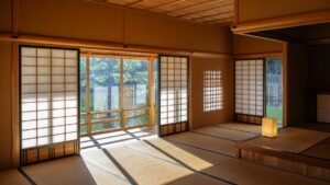 障子を開けた旅館の和室。庭の緑が見える窓から夏の日差しが差し込み、畳に格子状の影が伸びている