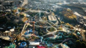 住宅地に囲まれた遊園地を上空から見たところ。観覧車、木製コースター、鋼製のジェットコースター、ウォータースライダーが一つの敷地に並ぶ。