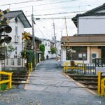 住宅街の中を通る線路の踏切と遮断機