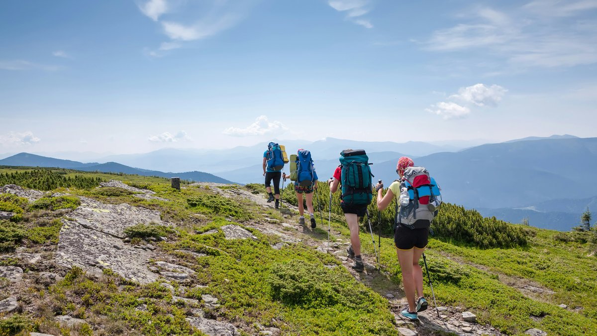 夏の山の稜線の登山道を、大きなザックを背負って一列で歩く登山者のグループ