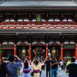 浅草寺の宝蔵門の前で、着物姿の人を含む大勢の観光客が写真を撮っている