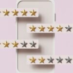 スマートフォンの前に、星5つから星2つまでの評価が4段並んだイラスト