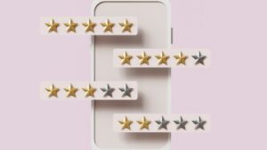 スマートフォンの前に、星5つから星2つまでの評価が4段並んだイラスト